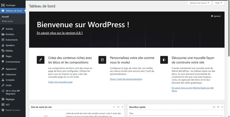 L'admin WordPress du même site — le back-office que vous gardez
